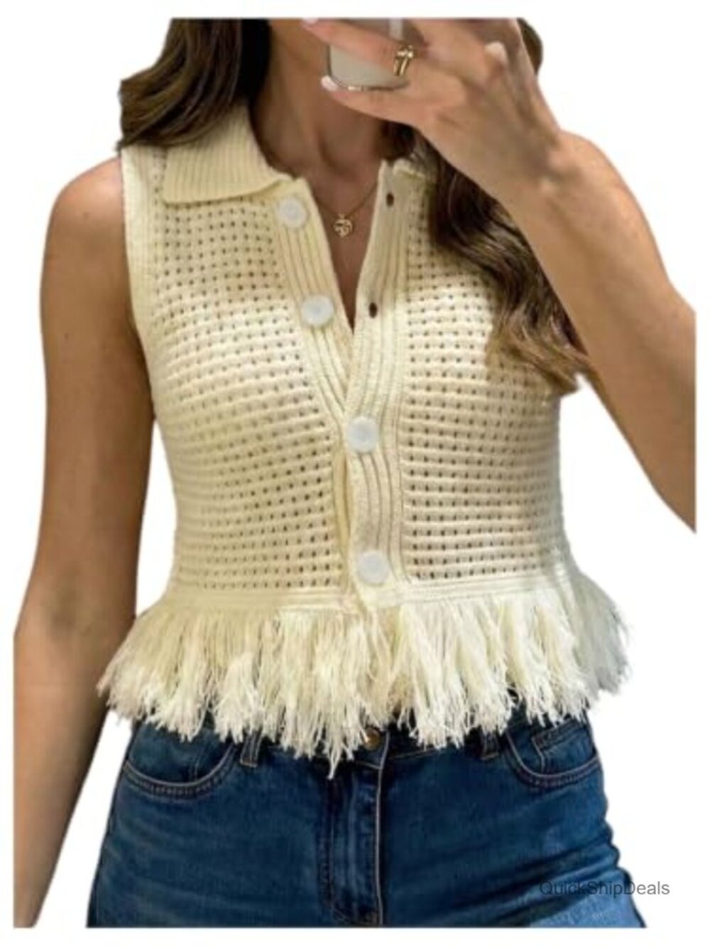 Fringe Sweater Vest Crochet Button Down Cropped Knit Top